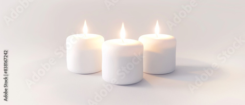 Wallpaper Mural Trio of lit candles casts a warm, simple elegance and inviting glow on a white backdrop. Torontodigital.ca