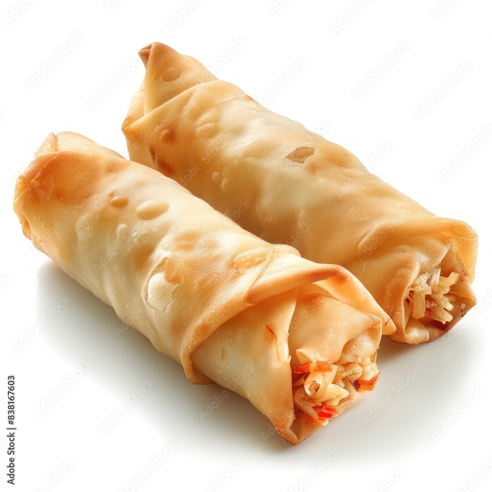 Fresh spring rolls on a clean white background, captured in high resolution to showcase their deliciousness. Fresh spring rolls on a clean white background, captured in high resolution to showcase their deliciousness.