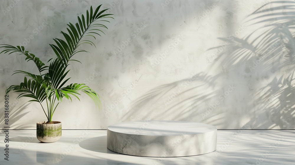 The white concrete podium with palm plant on the left side and shadows from the window. The white concrete podium with palm plant on the left side and shadows from the window.