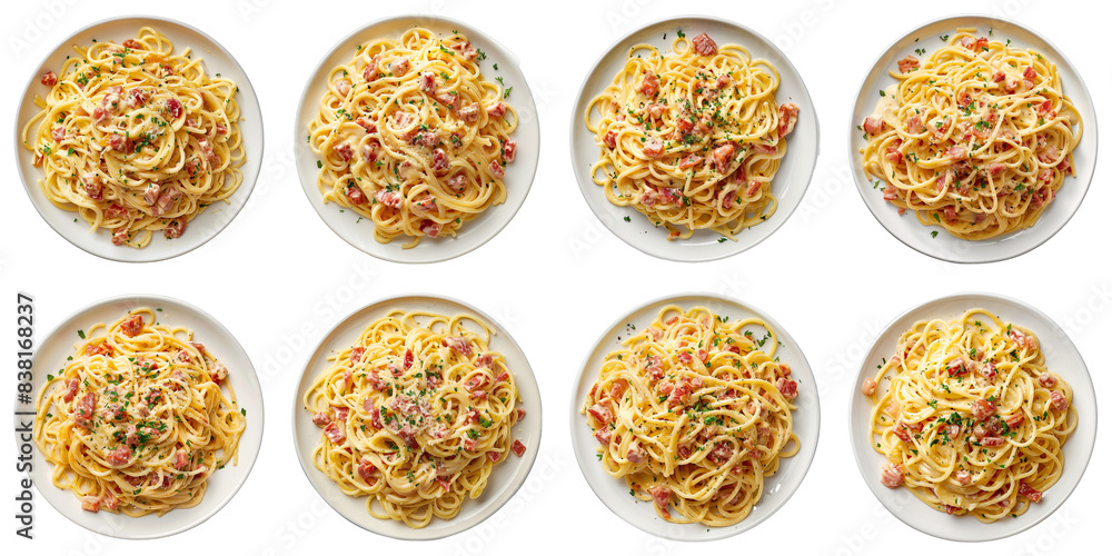 Collection of Spaghetti Carbonara On A Plate isolated on transparent png background. Generative ai Collection of Spaghetti Carbonara On A Plate isolated on transparent png background. Generative ai
