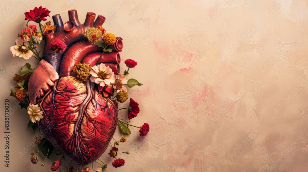 Fototapeta premium Human heart with flowers on solid background