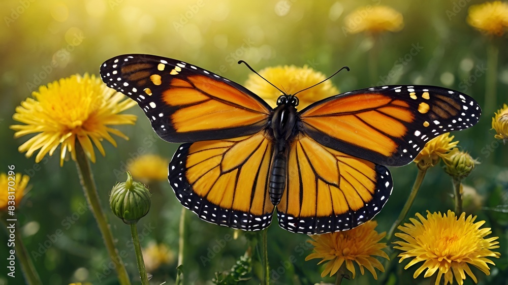 Obraz premium Granater AI A monarch butterfly perches gracefully on a dandelion, showcasing its vibrant colors and delicate wings.