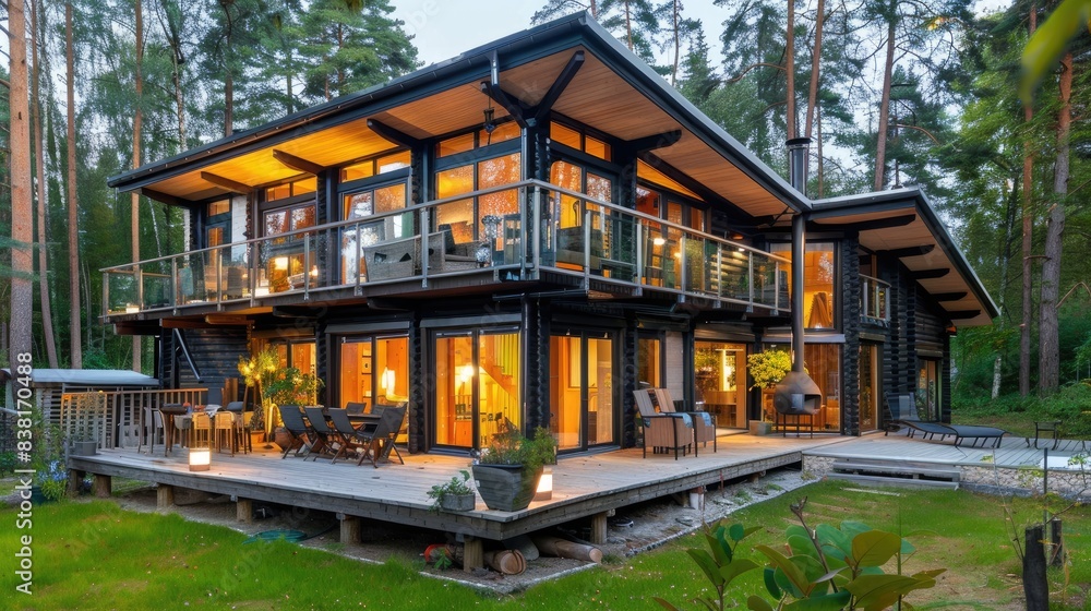 a small log house at night, boasting a chic terrace illuminated by atmospheric lights, showcasing a modern interpretation of rustic living that exudes warmth and sophistication. a small log house at night, boasting a chic terrace illuminated by atmospheric lights, showcasing a modern interpretation of rustic living that exudes warmth and sophistication.