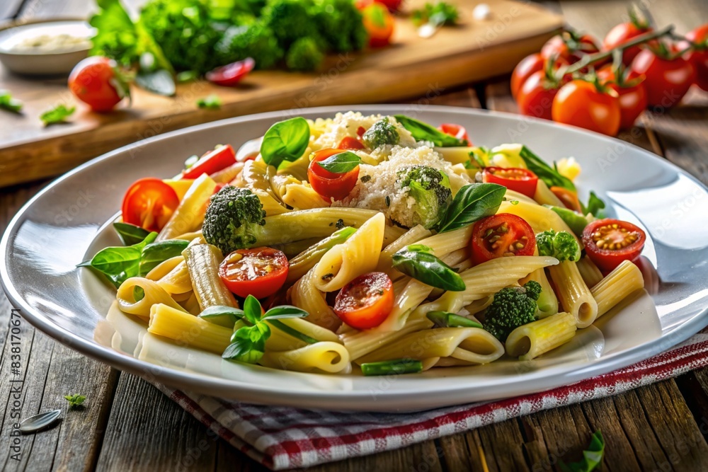 Italian Pasta Primavera with tomato, basil, vegetables and parmesan Italian Pasta Primavera with tomato, basil, vegetables and parmesan