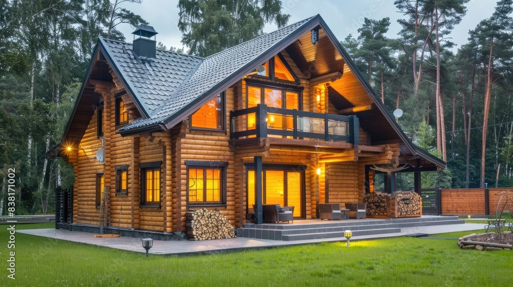 Fototapeta premium a small log house at night, boasting a chic terrace illuminated by atmospheric lights, showcasing a modern interpretation of rustic living that exudes warmth and sophistication.