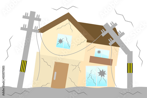 地震で壊れた家と電信柱のイラスト素材