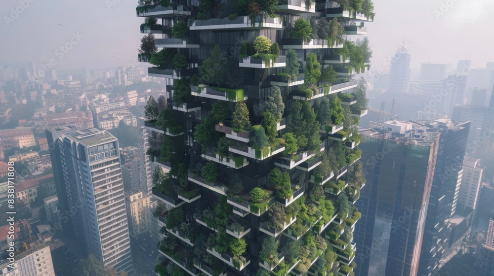 Obraz premium Construction of a vertical forest skyscraper, featuring integrated greenery and sustainable materials, showcasing eco-friendly design in an urban setting, emphasizing biodiversity and urban greening. 