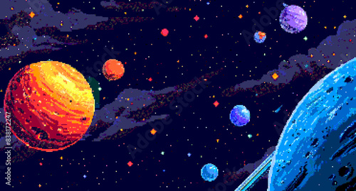 8-bit pixel art of a space background with stars, planets and galaxies in the style of game assets for a 2D side-scrolling game style