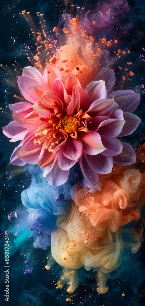 Immerse yourself in a burst of vibrant florals with misty effects in an abstract design, ideal for artistic backgrounds. Perfect for creative projects and showcasing colorful petal bursts Immerse yourself in a burst of vibrant florals with misty effects in an abstract design, ideal for artistic backgrounds. Perfect for creative projects and showcasing colorful petal bursts