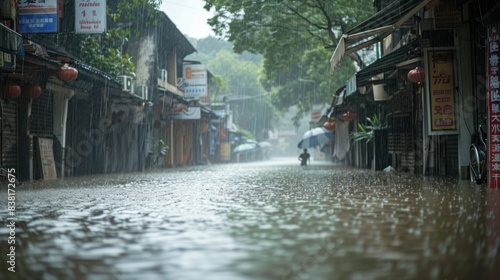 Photos of three lane viewing areas and seven alleys flooded. Because Typhoon Haikui caused heavy rain in Fuzhou City  Fujian Province of China.