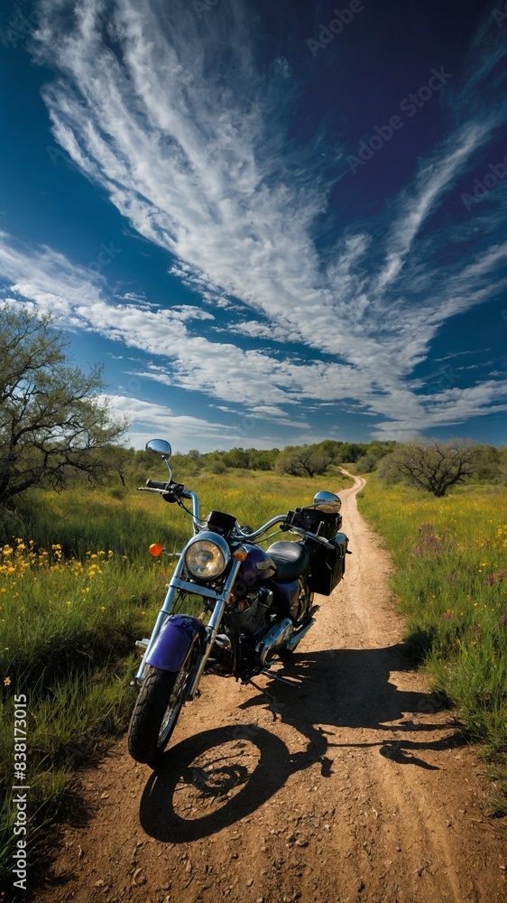 Motorcycle stands on dirt road, cutting through field adorned with wildflowers. Road leads towards horizon under sky filled with wispy clouds. Shadow of motorcycle cast on ground. Motorcycle stands on dirt road, cutting through field adorned with wildflowers. Road leads towards horizon under sky filled with wispy clouds. Shadow of motorcycle cast on ground.