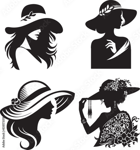  Women hat fashion logo Silhouette white background vector 