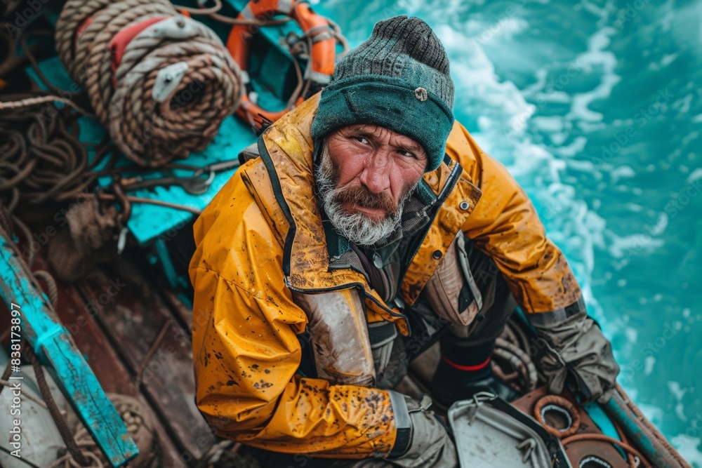 The integration of modern technology in traditional fishing, rugged seafarer in yellow gear sits in a boat, contemplative, surrounded by ropes and tools of the fishing trade, exuding a life at sea. The integration of modern technology in traditional fishing, rugged seafarer in yellow gear sits in a boat, contemplative, surrounded by ropes and tools of the fishing trade, exuding a life at sea.