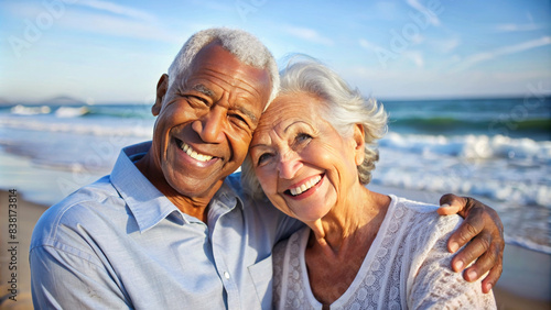 Happy senior couple smiling and bonding on the beach looking at camera. happy elderly lovely enjoying quality time together outside