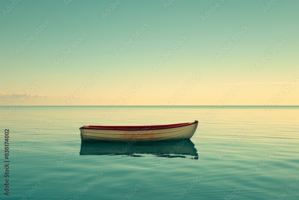 Naklejka premium The joy of a successful catch, Solitary red and white boat on calm sea, minimalist composition, pastel sky, serene water reflecting sky, sense of peace, morning stillness.