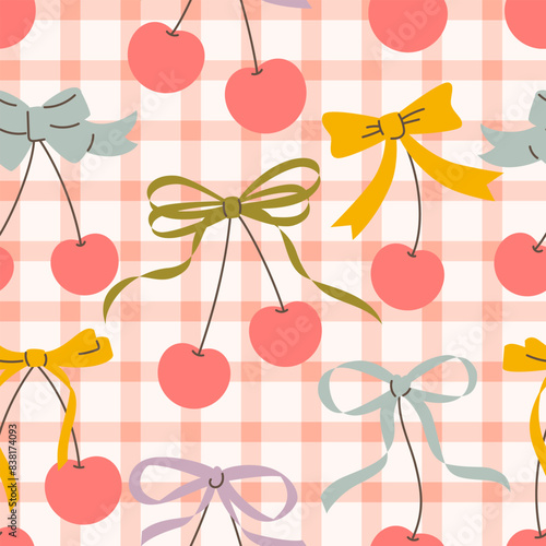 Seamless check gingham pattern with cherries and bows. Hand drawn vector illustration. Trendy romantic background. Coquette core cute design.