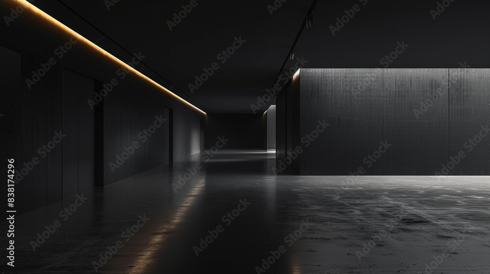 Schwarzes leeres Museum mit nur einer Wand, einfach Schwarzes leeres Museum mit nur einer Wand, einfach