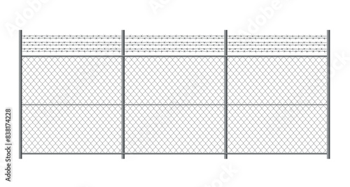 Metal fence with barbed wire. Rabitz grid isolated on white background. Secured territory. Protected area or prison fencing. Vector stock