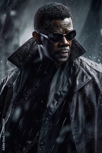 black action film actor; Action movie poster photo