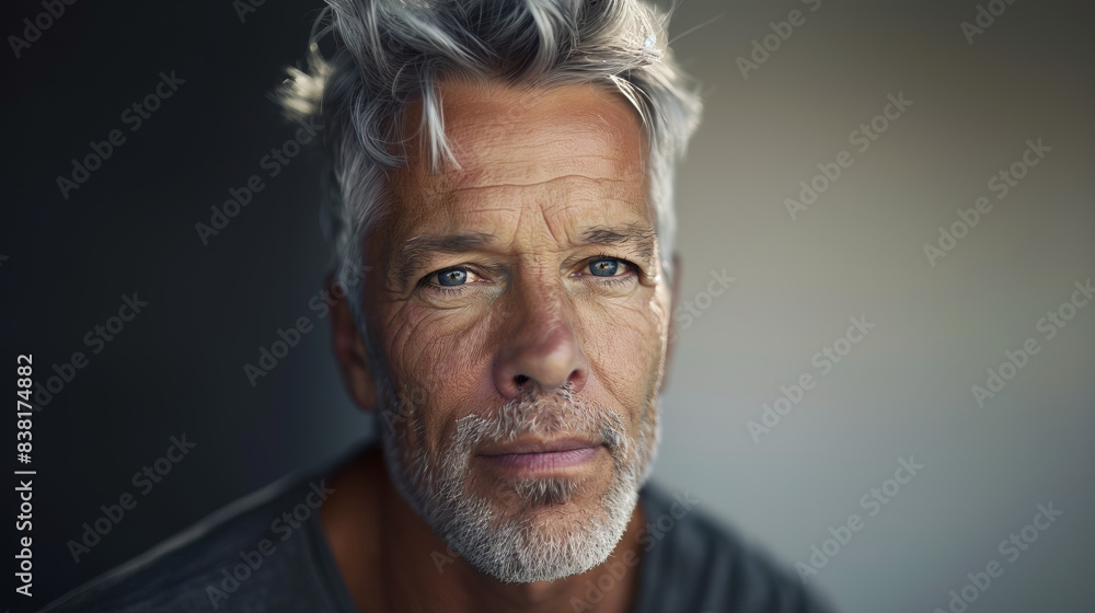 Obraz premium Close-up of the face of a Caucasian man with gray hair, his features are full of strength and maturity.