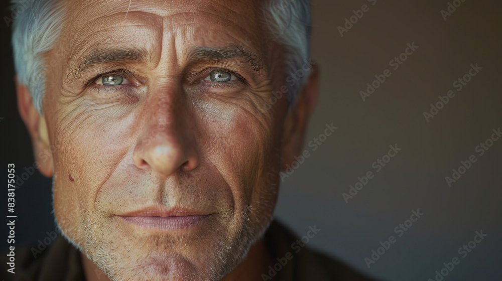 Portrait of a Caucasian man with gray hair in close-up, his eyes full of deep thoughts and emotions. Portrait of a Caucasian man with gray hair in close-up, his eyes full of deep thoughts and emotions.