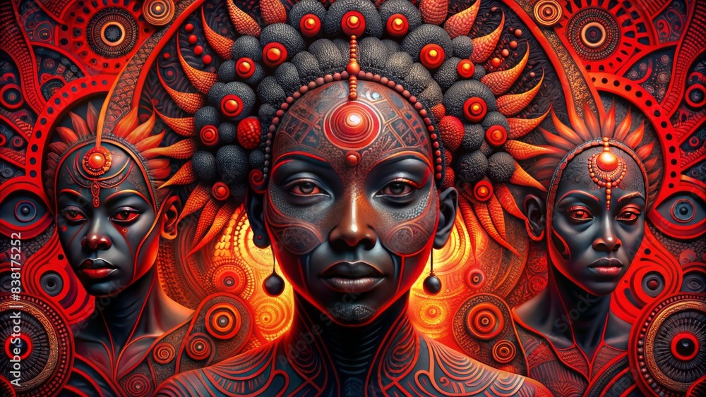 Vibrant red and black hues swirl around abstract faceless shapes, evoking a mysterious african-inspired dreamscape with ornate tribal patterns and mystical aura.