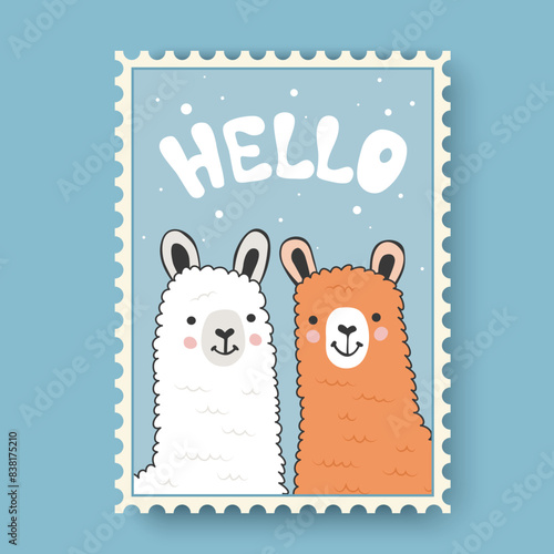 Two cute llamas say hello. Concept of friendship