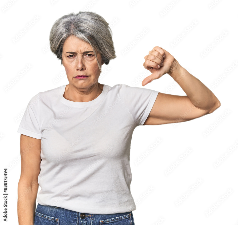Caucasian mid-age female on studio background showing a dislike gesture, thumbs down. Disagreement concept. Caucasian mid-age female on studio background showing a dislike gesture, thumbs down. Disagreement concept.