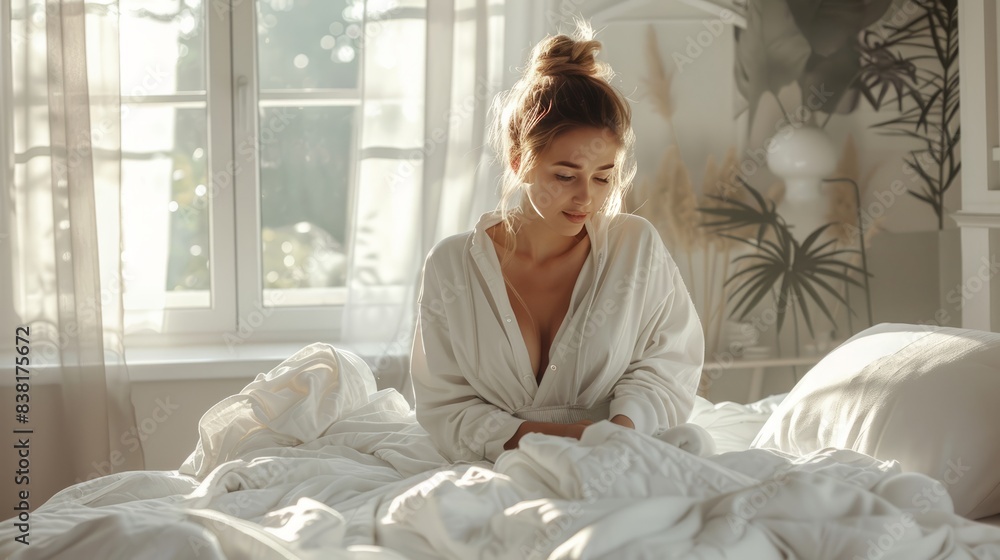 Woman Relaxing in Sunlit Bedroom with Cozy White Bedding Woman Relaxing in Sunlit Bedroom with Cozy White Bedding