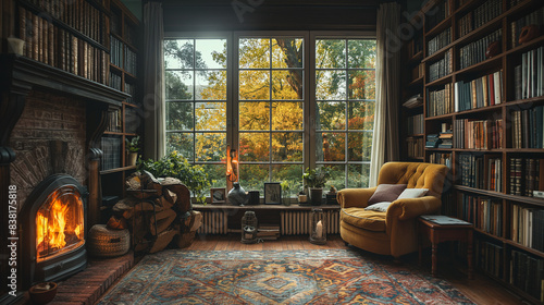 A cozy living room with a fireplace, bookshelves, and a comfortable armchair. (interior design, hygge). © Wasin Arsasoi
