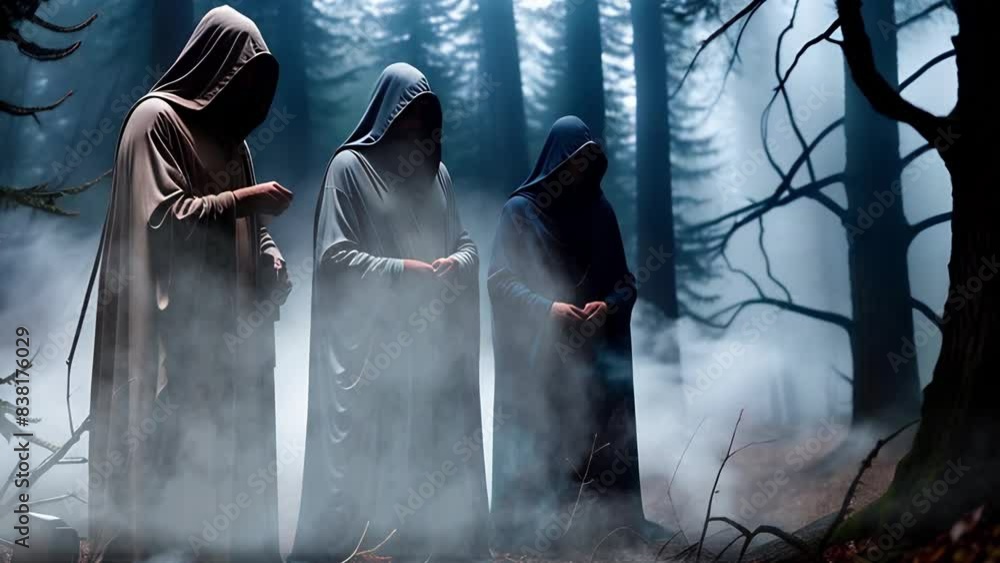 Video Stock Hooded Figures Standing in a Foggy Dark Forest 4K features ...