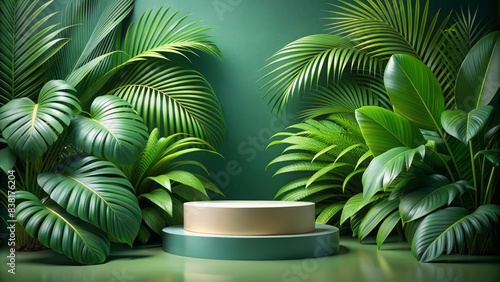 Vibrant green tropical leaves arranged on a modern podium, creating a natural and elegant background for showcasing products or displays.