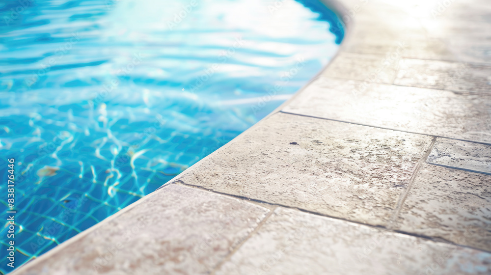 Obraz premium Close-up of ground rounded pool edge, sunny weather, minimalistic architecture, ceramic stone.