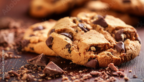 Homemade chocolate chip cookie with chunks of chocolate and scattered crumbs. Sweet treat.
