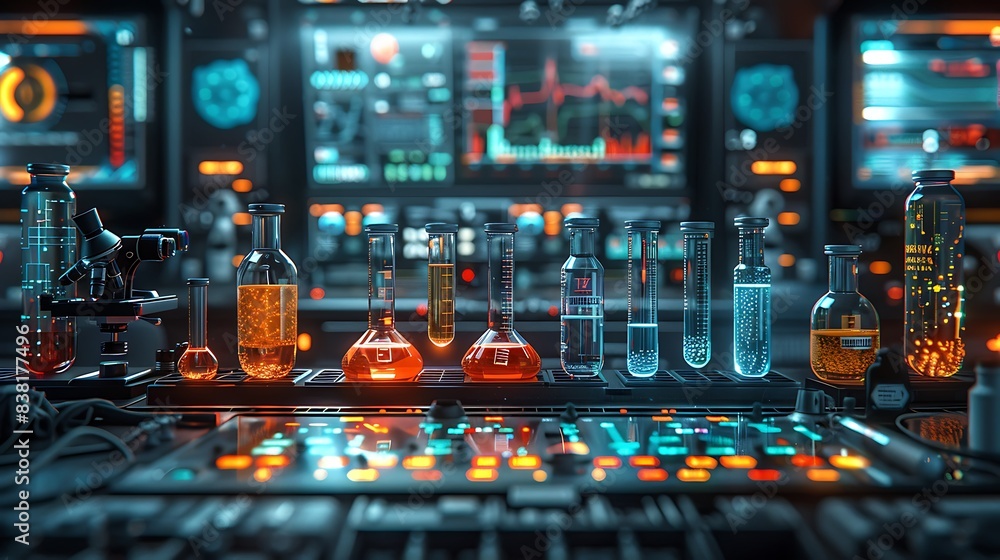 A bright and modern science lab with advanced microscopes, test tubes with various chemicals, and digital screens displaying data. A bright and modern science lab with advanced microscopes, test tubes with various chemicals, and digital screens displaying data.