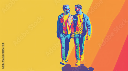 Joyful Gay Couple Walking Hand-in-Hand Vector Illustration with Simple Background © CQSP
