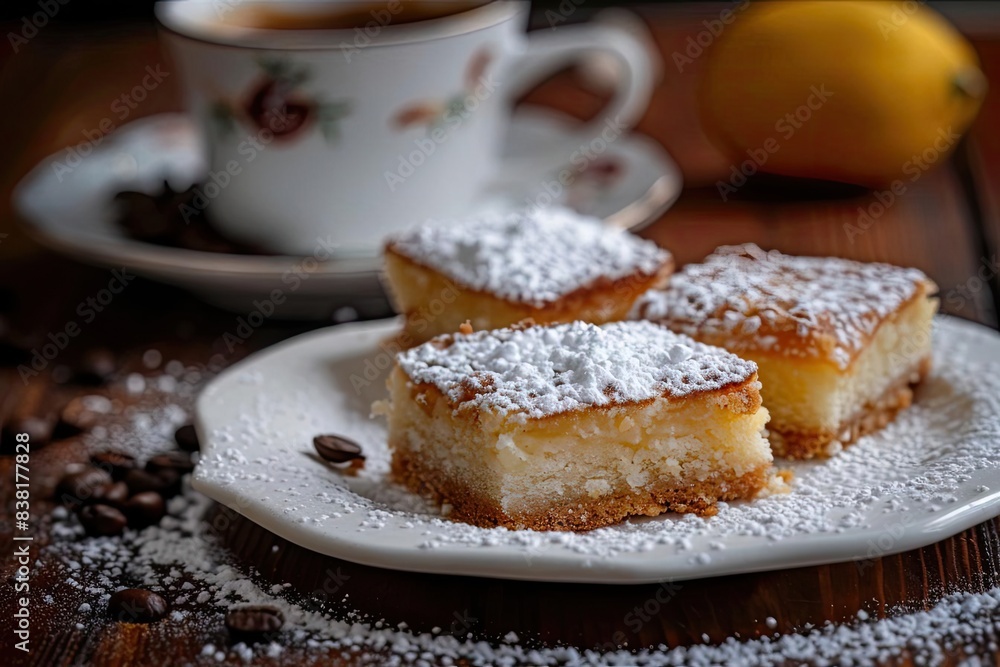 Three pieces of lemon cake dusted with powdered sugar on a white plate with a cup of coffee in the background. Three pieces of lemon cake dusted with powdered sugar on a white plate with a cup of coffee in the background.