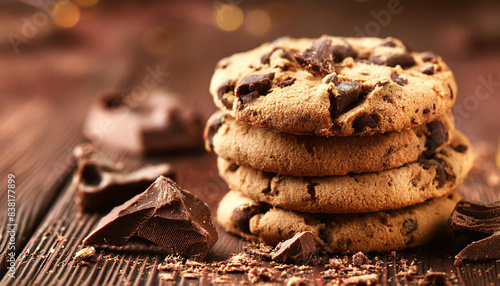 Homemade chocolate chip cookie with chunks of chocolate and scattered crumbs. Sweet treat.