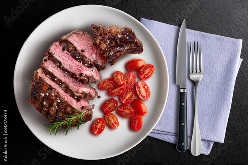 Sliced beef steak with tomatoes