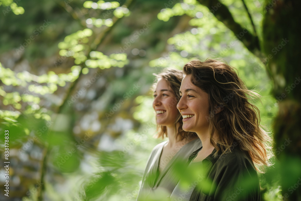 Two girls enjoying in forest on sunny day. Two girls enjoying in forest on sunny day.