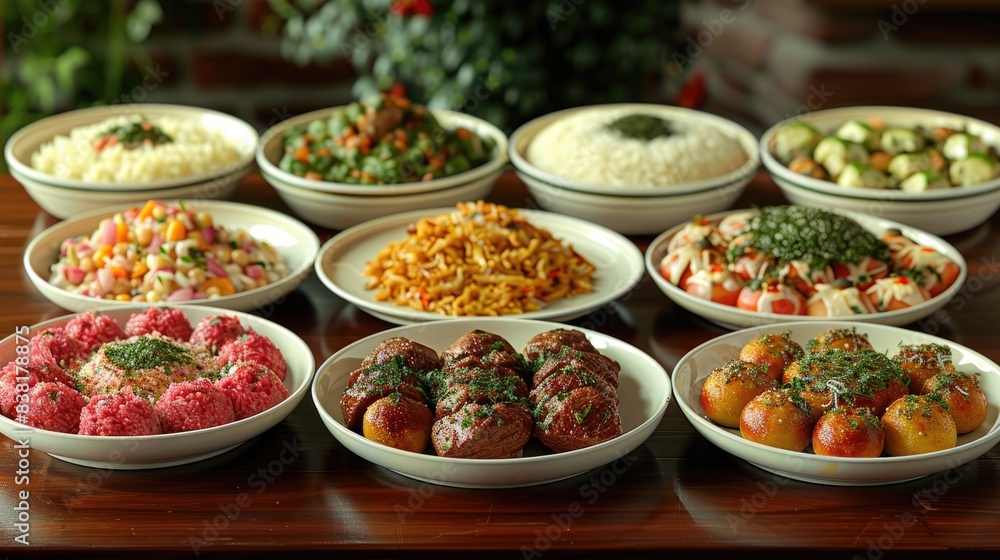 Table With Multiple Plates of Delicious Food - Lunchtime Feast for All, Eid Table With Multiple Plates of Delicious Food - Lunchtime Feast for All, Eid