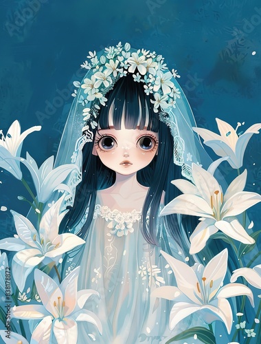 cute pretty girl wearing wedding dress with white veil and lily flower blossom, anime cartoon girl photo