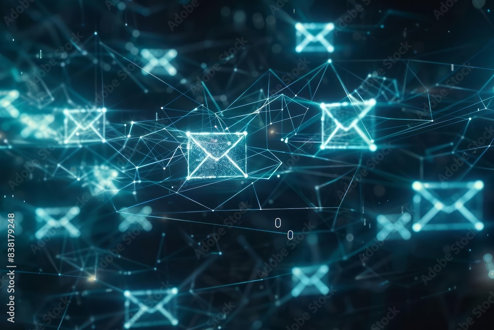 A futuristic sketch illustrates interconnected email icons, linked by nodes in a complex network A futuristic sketch illustrates interconnected email icons, linked by nodes in a complex network