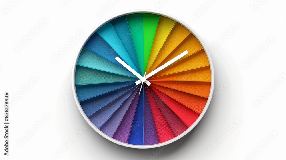 Obraz premium Bright Rainbow Clock on Pure White Background - Artistic and Photo-Realistic Timepiece Design