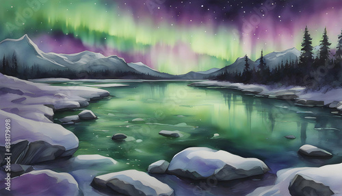 Aurora Borealis over Winter Lake photo