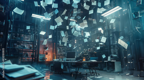 A mysterious, hightech office descends into disarray with papers flying and documents scattering, creating a futuristic mess photo