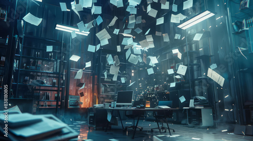 A mysterious, hightech office descends into disarray with papers flying and documents scattering, creating a futuristic mess