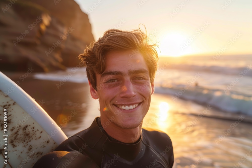 Sportsman selfie, surf, and beach on the sand by the sea or ocean for enjoyment. Face or surfing with a guy athlete posed outside in the morning.