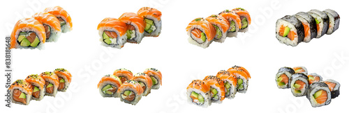 Obraz  z motywem Set of assorted sushi rolls with fresh ingredients, cut out - stock png.
