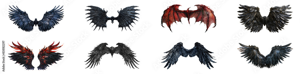 Set of dark and red dragon wings, cut out - stock png. Set of dark and red dragon wings, cut out - stock png.